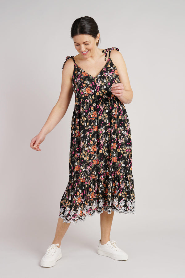 Black Floral Sundress | Natalia Softly Gathered Strappy Dress with Broderie Anglaise Flounce.