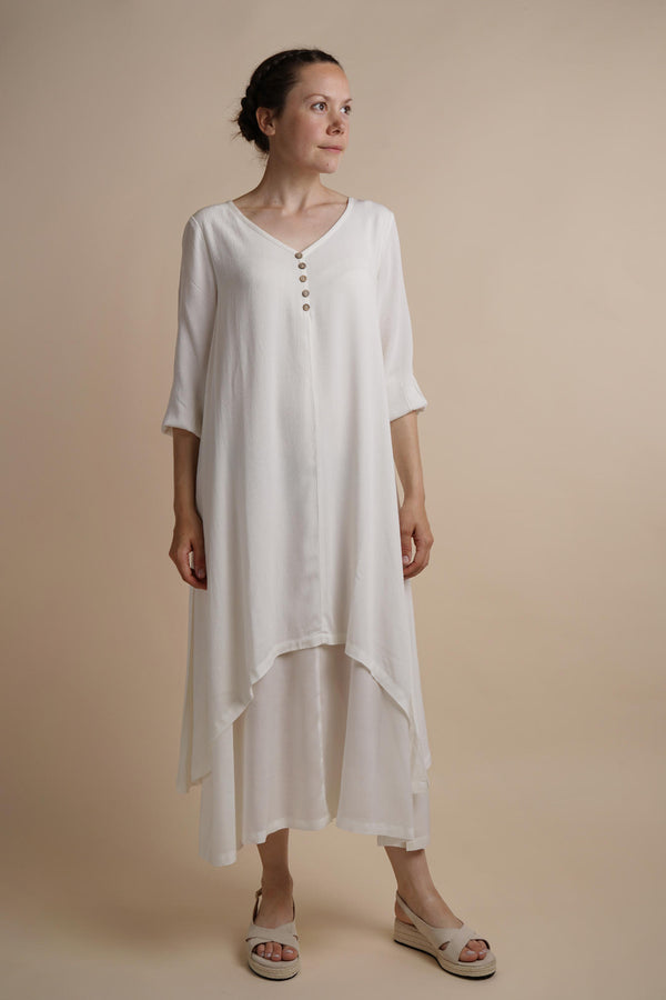 White Layered Dress | Chelsea Loose Fitting Dress with Front Button Detail