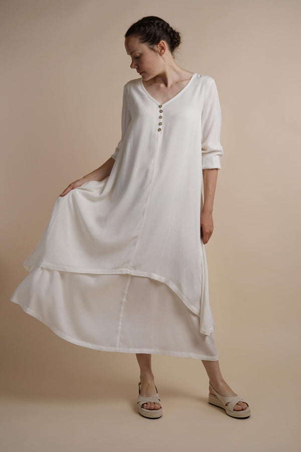 White Layered Dress | Chelsea Loose Fitting Dress with Front Button Detail