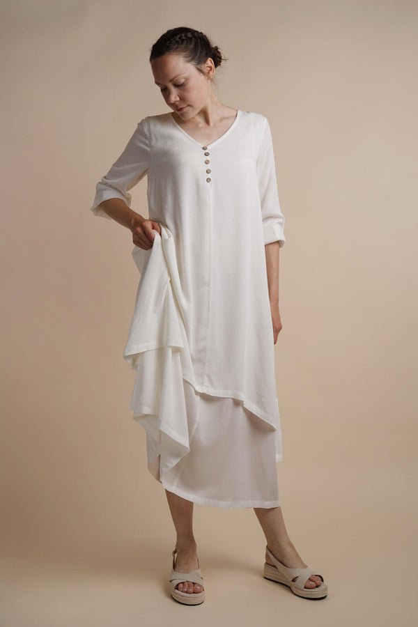 White Layered Dress | Chelsea Loose Fitting Dress with Front Button Detail