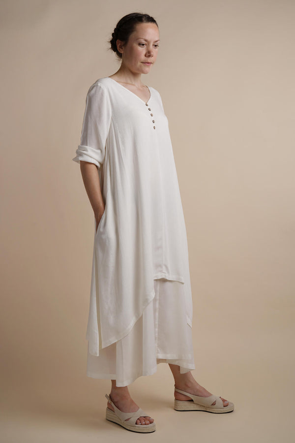 White Layered Dress | Chelsea Loose Fitting Dress with Front Button Detail