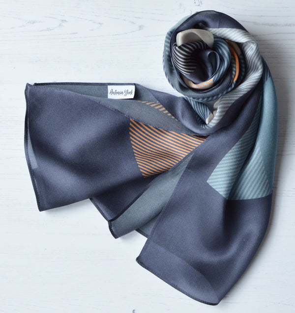 Aria | Silk Charmeuse Scarf - Grey, Peach & Gold Block Pinstripe