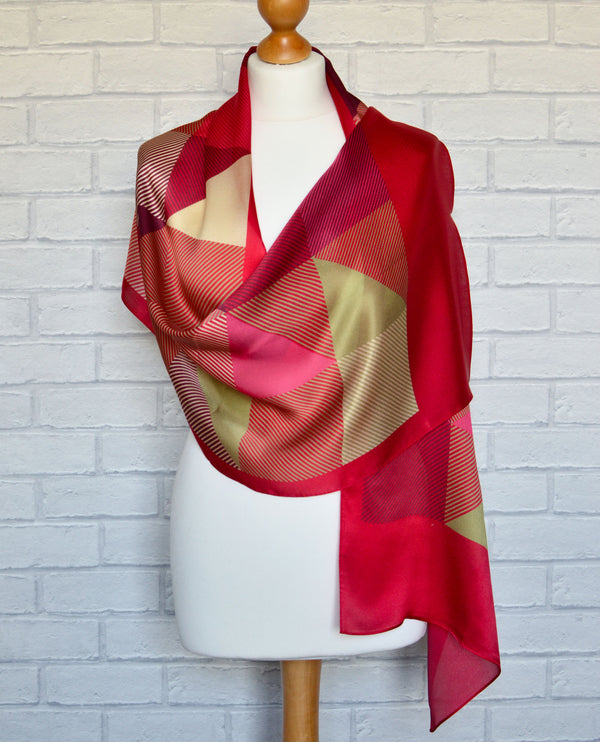Aria | Silk Charmeuse Scarf - Raspberry & Gold Block Pinstripe