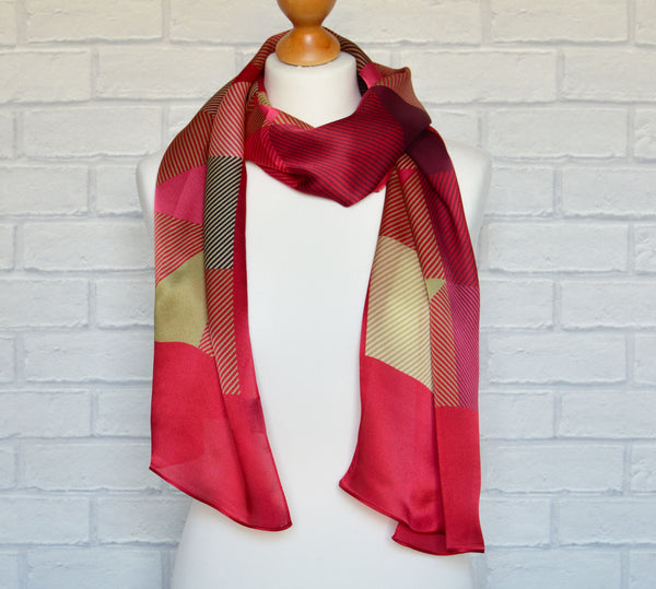 Aria | Silk Charmeuse Scarf - Raspberry & Gold Block Pinstripe