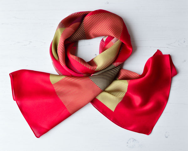 Aria | Silk Charmeuse Scarf - Raspberry & Gold Block Pinstripe