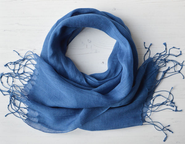 Talia | Linen Scarf with Tassels - Cobalt Blue