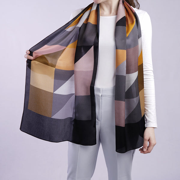 Aria | Silk Charmeuse Scarf - Mustard & Black Block Pinstripe