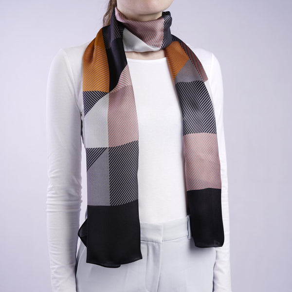 Aria | Silk Charmeuse Scarf - Mustard & Black Block Pinstripe