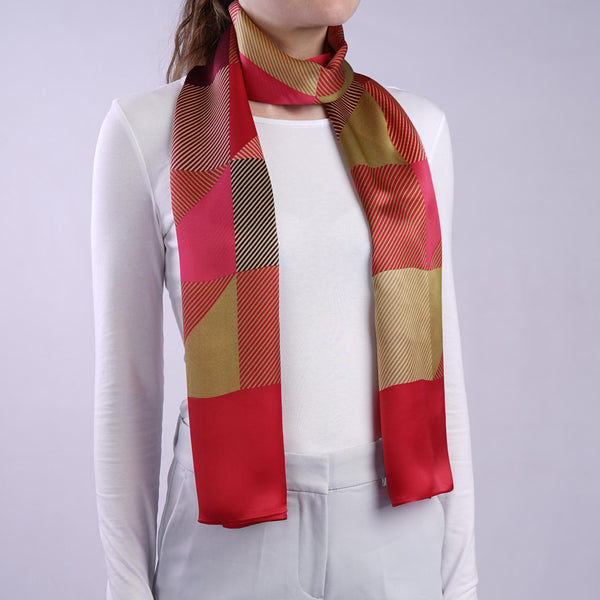Aria | Silk Charmeuse Scarf - Raspberry & Gold Block Pinstripe