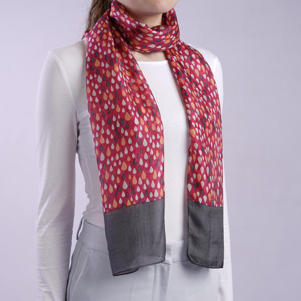 Tiffany | Silk Chiffon Neck Scarf - Raspberry Pink & Grey Raindrops