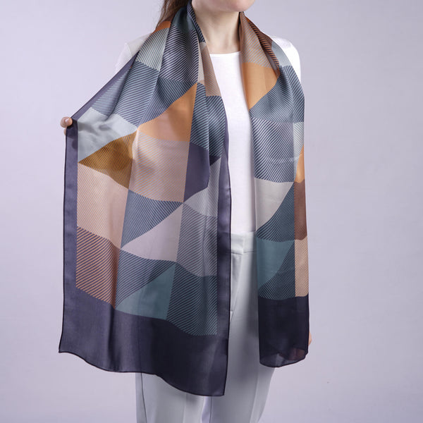 Aria | Silk Charmeuse Scarf - Grey, Peach & Gold Block Pinstripe