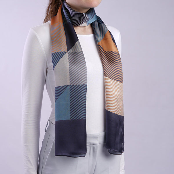 Aria | Silk Charmeuse Scarf - Grey, Peach & Gold Block Pinstripe