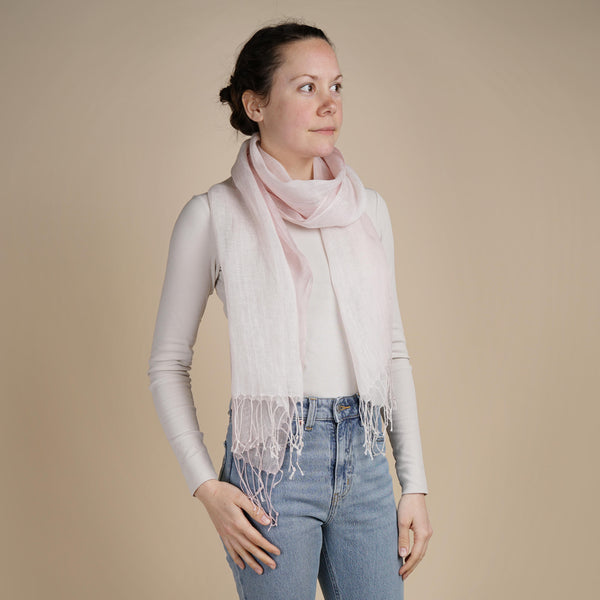Talia | Linen Scarf with Tassels - Pink and White