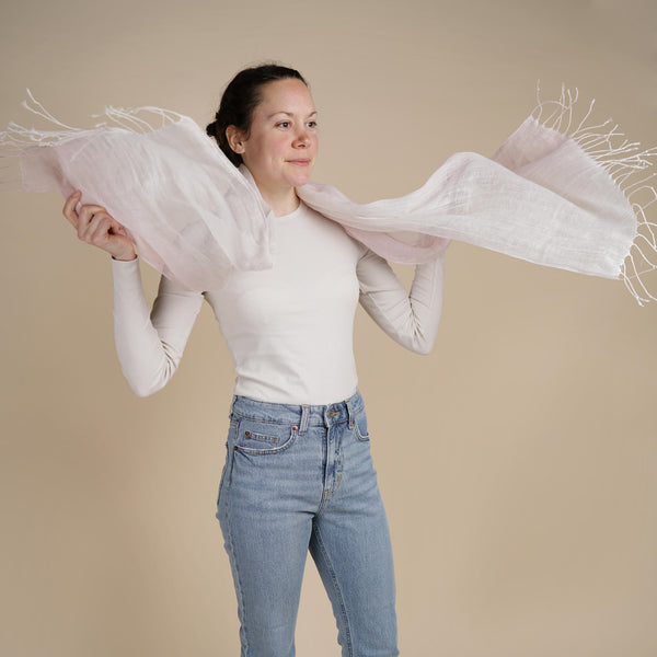 Talia | Linen Scarf with Tassels - Pink and White