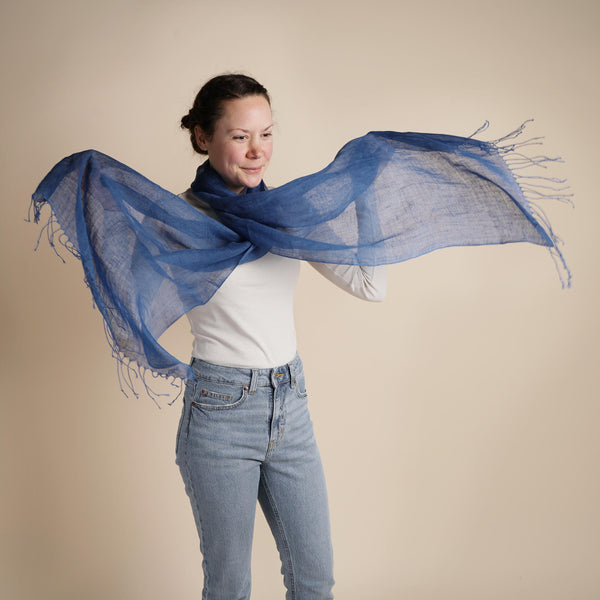 Talia | Linen Scarf with Tassels - Cobalt Blue