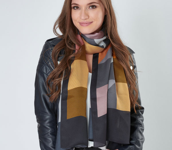 Aria | Silk Charmeuse Scarf - Mustard & Black Block Pinstripe