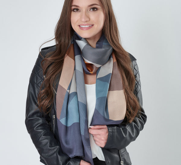 Aria | Silk Charmeuse Scarf - Grey, Peach & Gold Block Pinstripe