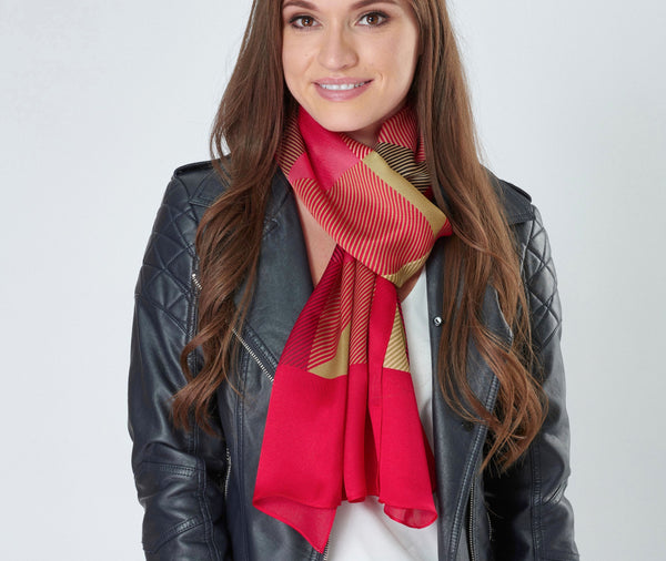 Aria | Silk Charmeuse Scarf - Raspberry & Gold Block Pinstripe