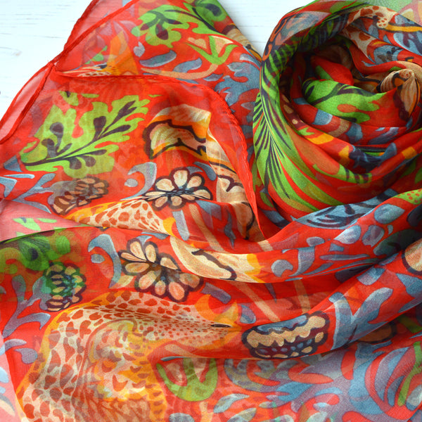 Aria | Silk Scarf - William Morris Strawberry Thief, Red