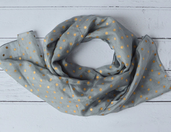 Tiffany | Silk Neck Scarf - Grey & Gold Foil Polka Dot