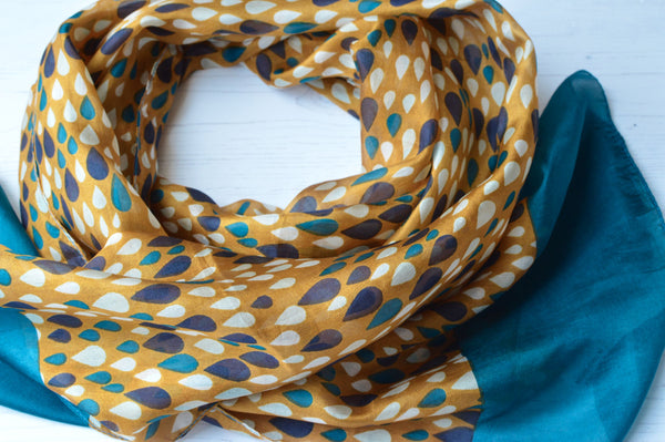 Tiffany | Silk Chiffon Neck Scarf - Teal & Orange Raindrops