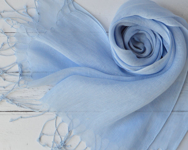Talia | Linen Scarf with Tassels - Sky Blue