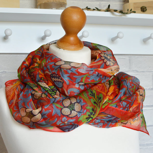 Aria | Silk Scarf - William Morris Strawberry Thief, Red