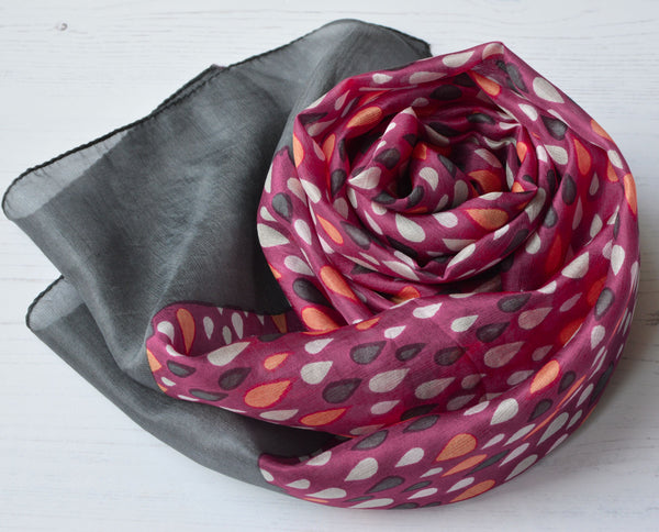 Tiffany | Silk Chiffon Neck Scarf - Raspberry Pink & Grey Raindrops