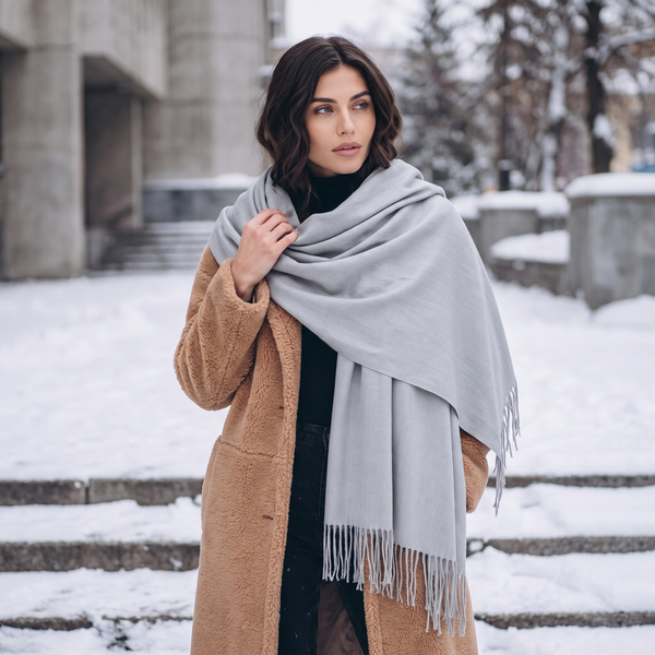 Silver Grey Pashmina | Drew Super Soft Large Special Occasion Wrap with Tassels