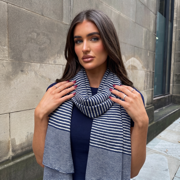 Striped Scarf | Clara Navy Blue and White Large Soft Light Weight Scarf or Sarong