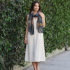 Teal Blue Scarf with Gold & Pink Leaves | Hannah Abstract Large Soft Wrap