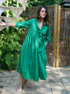 Green Wrap Dress | Carmen Cotton Dress with Ruffle Neck Opening and Gathered Skirt