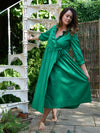 Green Wrap Dress | Carmen Cotton Dress with Ruffle Neck Opening and Gathered Skirt