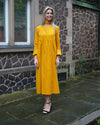 Ochre Yellow Dress | Harriette Needlecord Fluted Sleeve Midi Dress with Detachable Bow-Tie