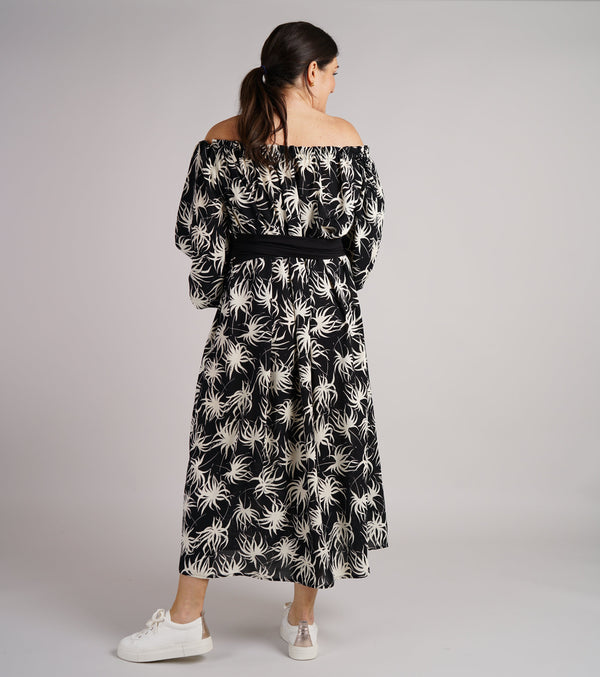 Sample Dress | Black & White Floral Bardot Style Dress | Francesca Dress with Elasticated Neckline | Size UK 10-14