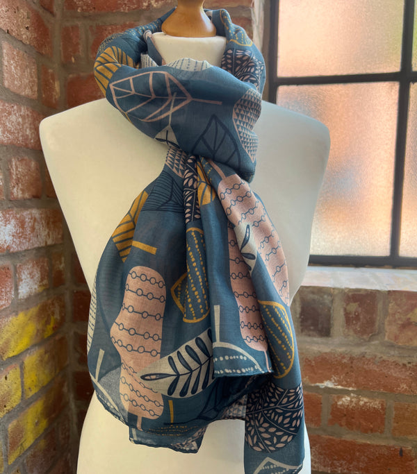 Teal Blue Scarf with Gold & Pink Leaves | Hannah Abstract Large Soft Wrap
