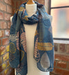 Teal Blue Scarf with Gold & Pink Leaves | Hannah Abstract Large Soft Wrap