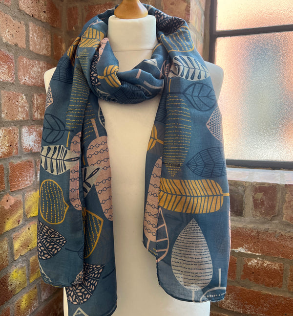 Teal Blue Scarf with Gold & Pink Leaves | Hannah Abstract Large Soft Wrap