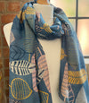 Teal Blue Scarf with Gold & Pink Leaves | Hannah Abstract Large Soft Wrap