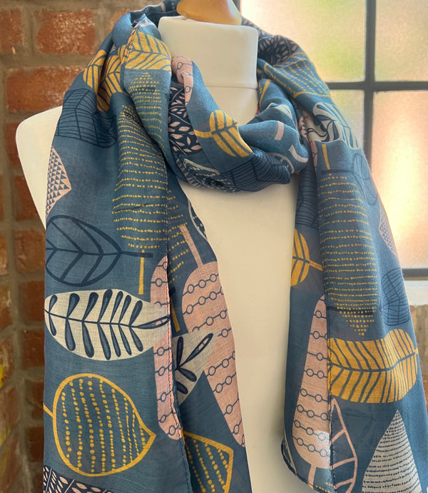 Teal Blue Scarf with Gold & Pink Leaves | Hannah Abstract Large Soft Wrap