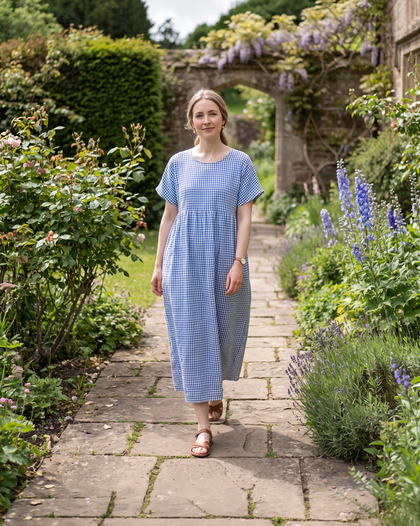 Blue Check Dress | Martina Short Sleeve Cotton Gingham Seersucker Oversized Dress