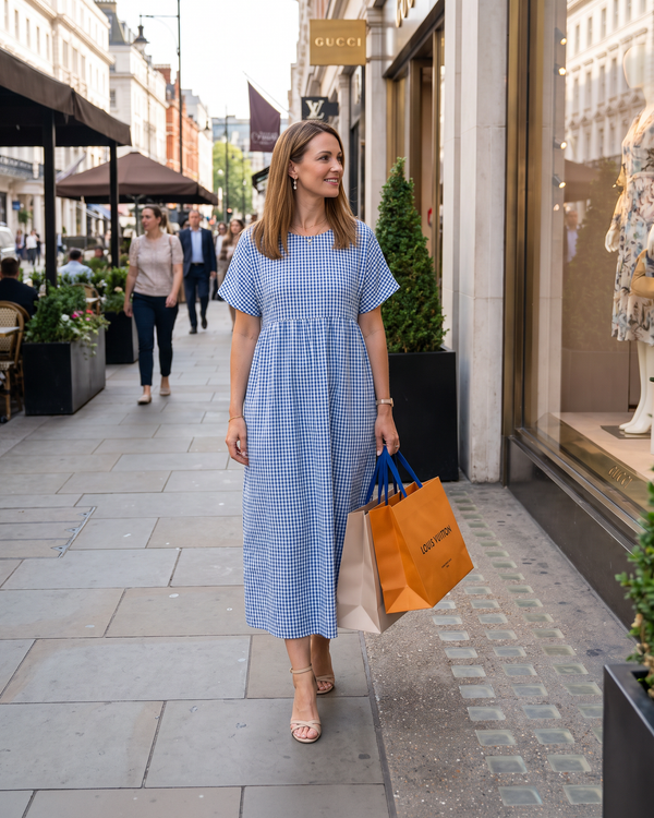 Blue Check Dress | Martina Short Sleeve Cotton Gingham Seersucker Oversized Dress
