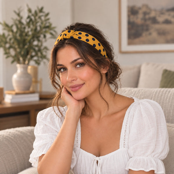 Mustard Yellow with Navy Spot Silky Twisted Knot Rigid Headband
