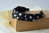 Polka Dot Twisted Knot Alice Band Black with Cream Spot Silky Fabric Rigid Hair band