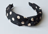 Polka Dot Twisted Knot Alice Band Black with Cream Spot Silky Fabric Rigid Hair band