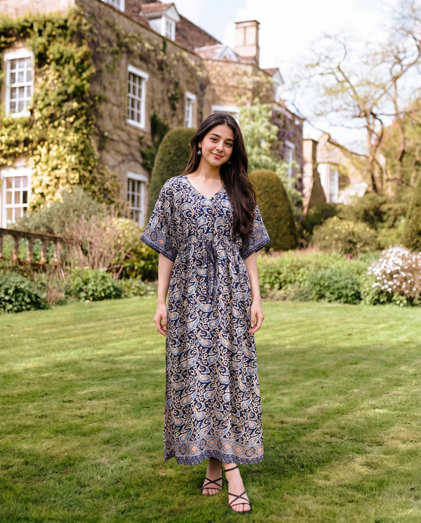 Blue Paisley Dress Drawstring-Waist Siobhan Kaftan With Butterfly Sleeves