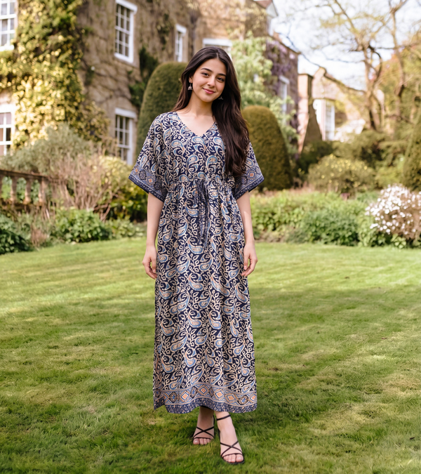 Blue Paisley Dress Drawstring-Waist Siobhan Kaftan With Butterfly Sleeves