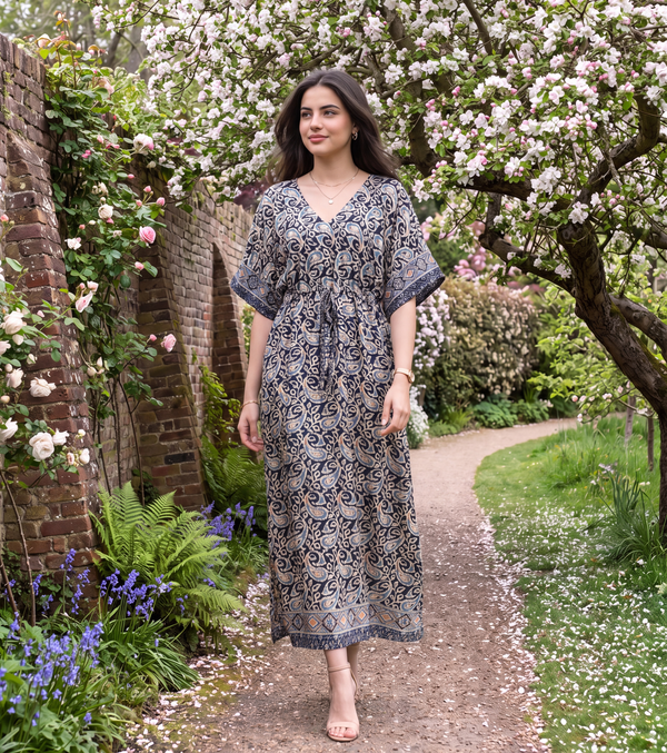 Blue Paisley Dress Drawstring-Waist Siobhan Kaftan With Butterfly Sleeves