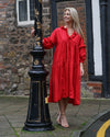 Red Tiered Dress | Makyla Oversized Cotton Dress with Gathers & Ruffles