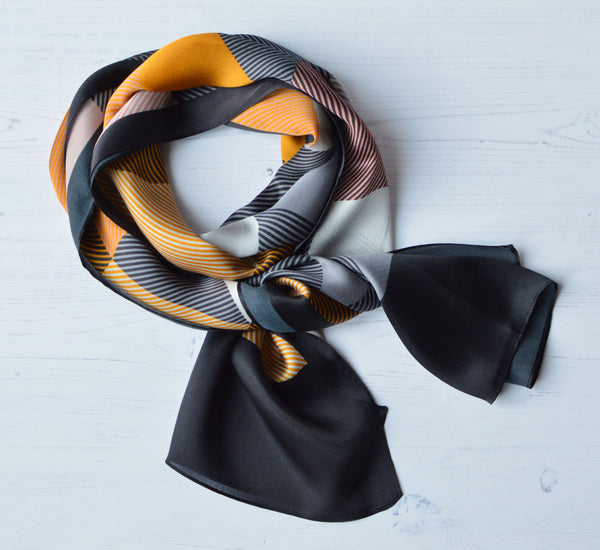 Aria | Silk Charmeuse Scarf - Mustard & Black Block Pinstripe